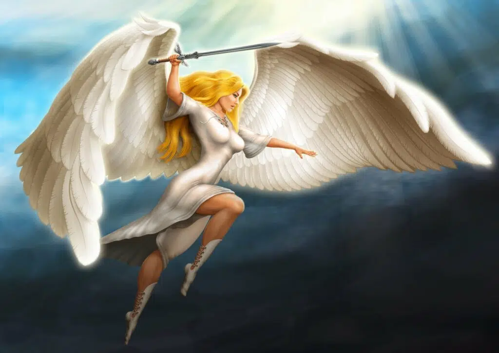 illustration d'un ange en robe blanche qui brandit une épée. 