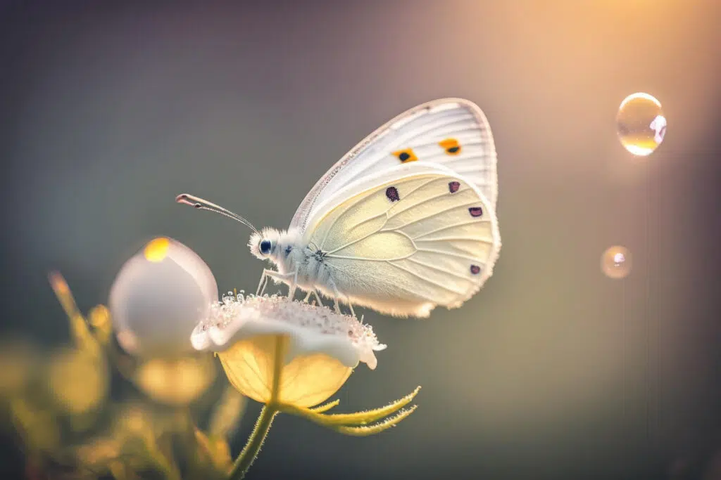 Un papillon blanc posé sur une fleur éclairé par une lumière.