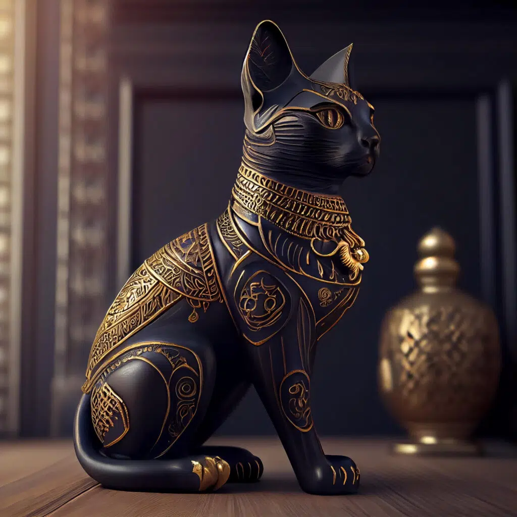 statuette chat noir de l'Egypte ancienne avec parure dorée avec un fond noir et un vase doré au fond. 