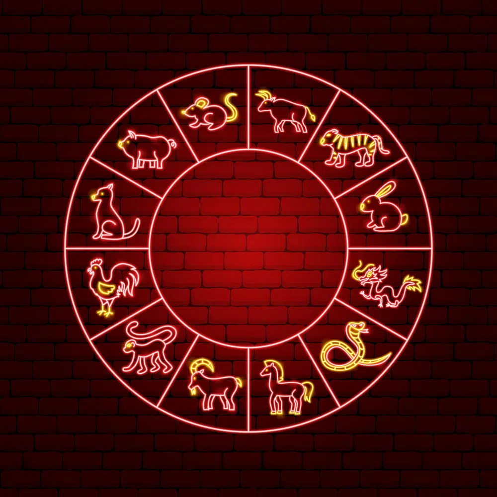 les signes du zodiaque chinois dans un cercle, sur un fond de briques rouges 